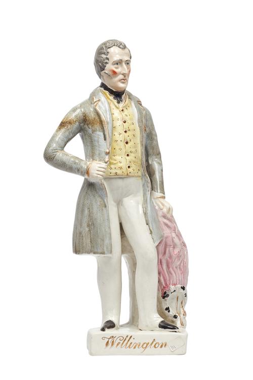 A Staffordshire portrait figure of Arthur Wellesley, Duke of Wellington, 19th century, polychrome painted on a gilt titled base, 32cm high.  Illustrat