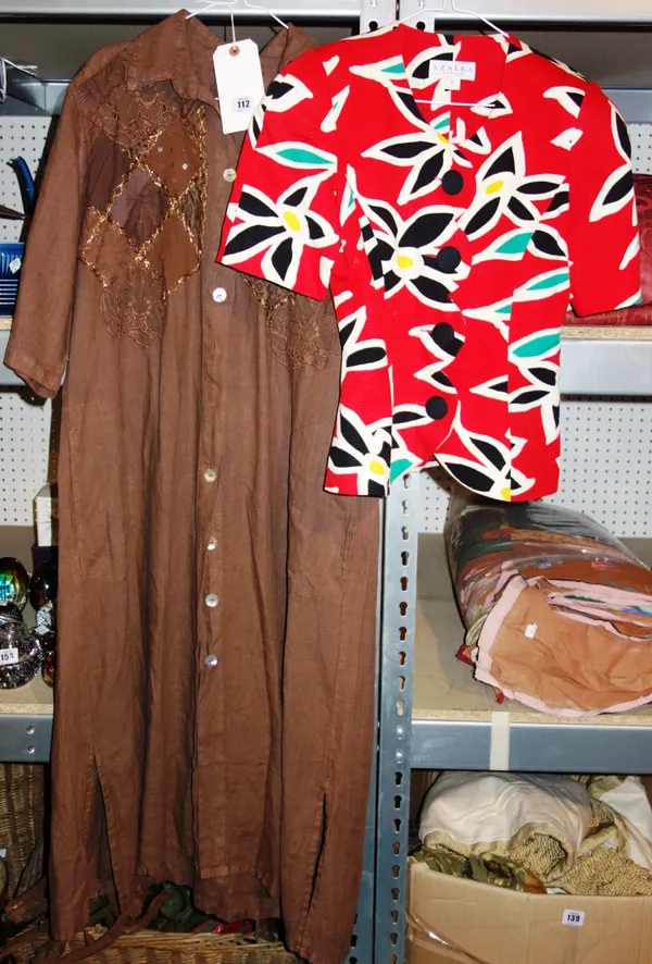 Clothing; An Amrita Launtande brown cotton long day dress, with sequin embellishment, (size XL)  and an Azalea red  patterned jacket, (size 10). (2)