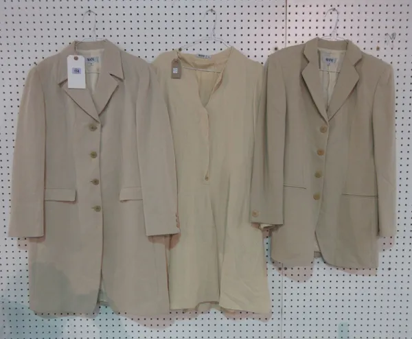 Designer Clothing, including; A three quarter length cream wool and man made material jacket (size approx Euro 46), another similar (size 44) and a kn