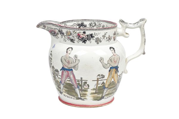 A Sunderland pink lustre jug, 19th century, printed in black and over-painted depicting Spring and Langan to both sides, also with dog and pheasant an