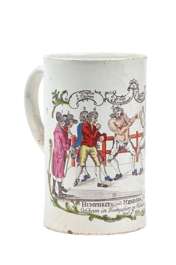 A rare John Aynsley pearlware tankard, late 18th century, depicting the boxing match between Humphrey and Mendoza fighting at Odiham in Hampshire on W