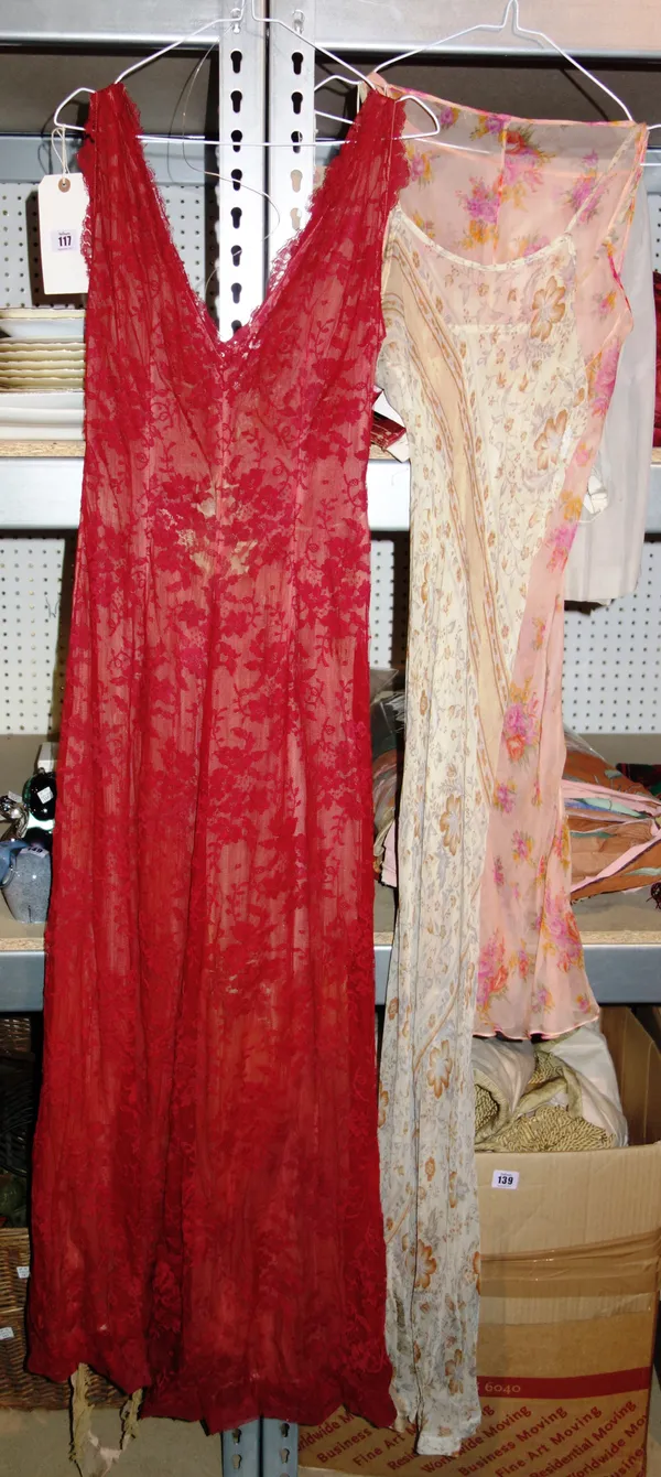 Designer Clothing, comprising; A Christian Dior original red lace long evening gown, (a.f),  a further long chiffon dress, (approx size 8-10) and a ch