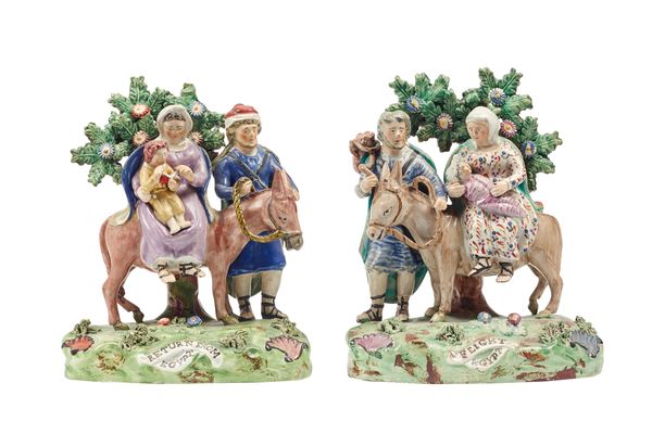 A pair of Walton pearlware figure groups, 'Flight into Egypt' and 'Return from Egypt', circa 1820, both modelled with the Holy Family and Joseph leadi