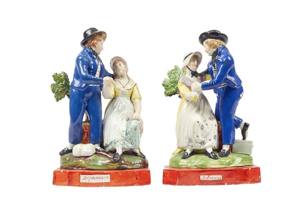 A pair of Staffordshire pearlware figure groups, 'Departure' and 'Return', early 19th century, each sailor and companion modelled atop of a naturalist
