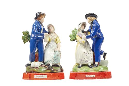 A pair of Staffordshire pearlware figure groups, 'Departure' and 'Return', early 19th century, each sailor and companion modelled atop of a naturalist