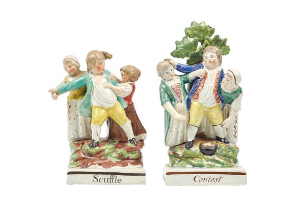 A pair of Staffordshire pearlware figure groups, 'Scuffle' and 'Contest', early 19th century, each atop a naturalistic base and titled rectangular pli