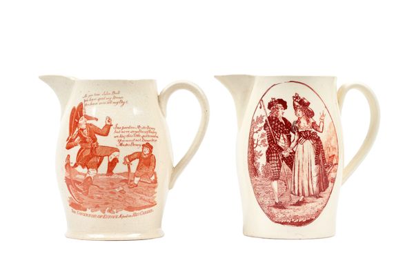 An English creamware jug, early 19th century, 'The Batchelor's Wish', printed with gallant and companion with moral verse to the reverse, 14cm high, a