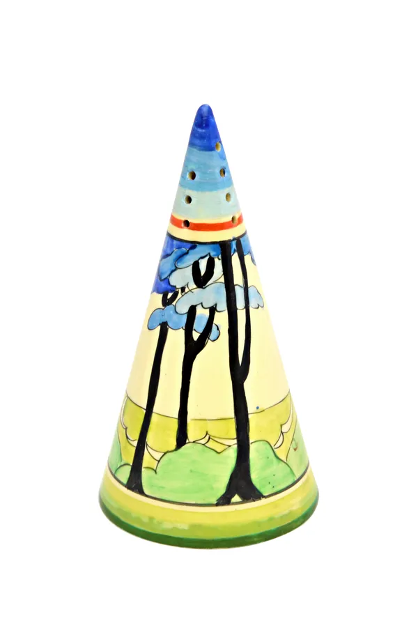 A Clarice Cliff Bizarre conical sugar sifter, circa 1933, decorated in the `Blue Firs' pattern, (a.f), black printed marks, 14cm.high.