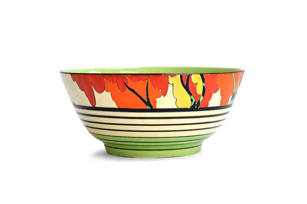 A Clarice Cliff Fantasque bowl, 1930's, the top part decorated with the `Honolulu' pattern, black printed marks. 20.5cm. diameter.  Illustrated