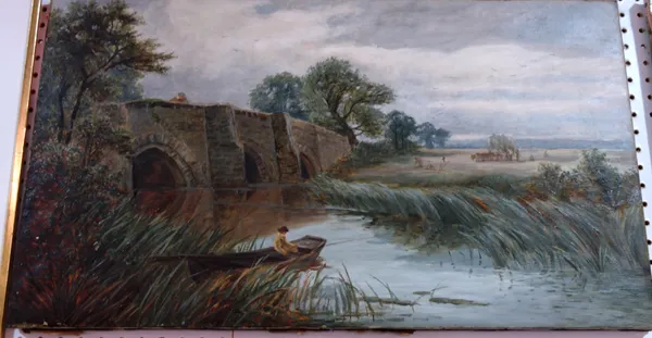 English School (19th century), River scene with a punt by a bridge, oil on canvas, indistinctly signed, bears added inscription on reverse, 45cm x 81c