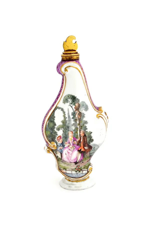 A Meissen gilt metal mounted rococo scroll moulded scent flask and stopper, circa 1745-50, the mount and stopper probably 19th century, painted after