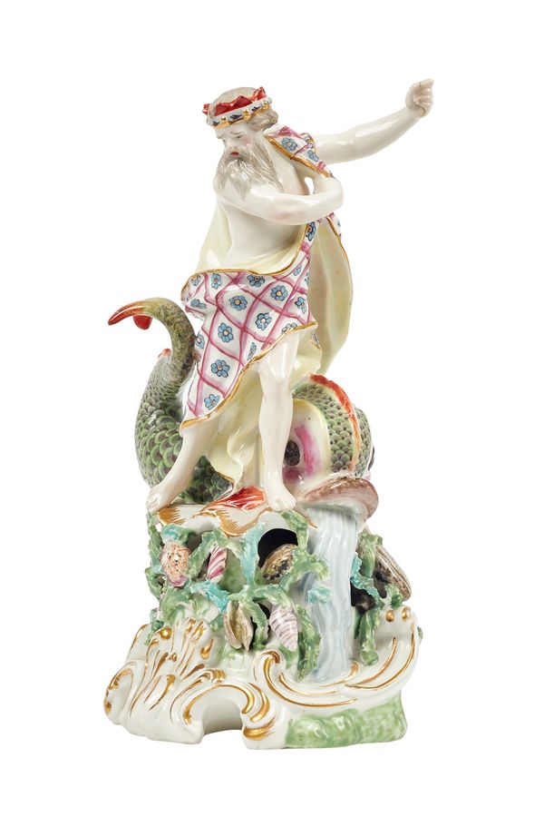 A Derby porcelain figure group of Neptune, circa 1770, mounted atop a mythological dolphin on a pierced shell and encrusted gilt scroll base (lacking