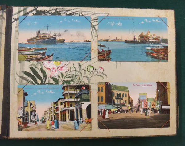 POSTCARDS - China, Hong Kong & a few Egypt; approx. 70 cards, coloured & b/w. & mostly from photos., carefully inserted on 9 coloured pictorial silk l