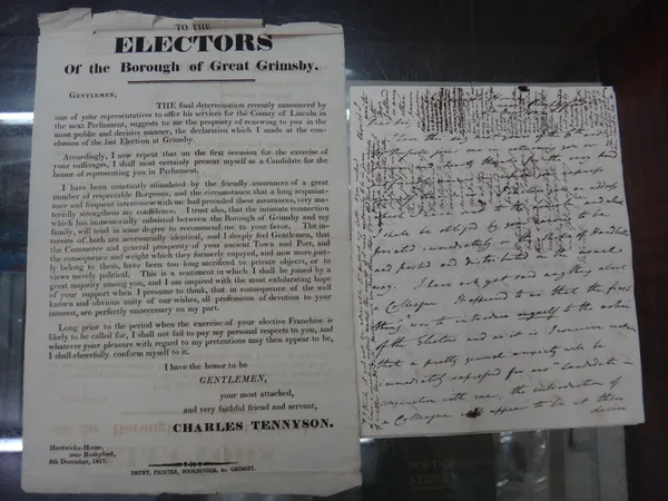 PARLIAMENTARY ELECTION - Great Grimsby, 1818; autograph letter of Charles Tennyson (later Tennyson-D'Eyncourt) relating to his (Whig) candidacy in tha