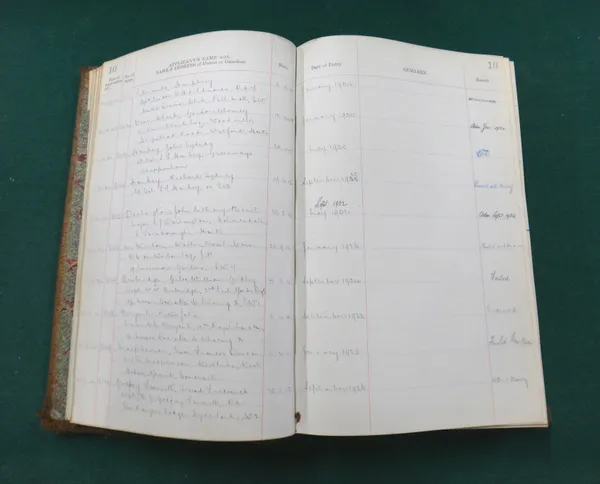 WELLINGTON COLLEGE - Register of Applicants, 1921-25; in a red ruled folio suede ledger of approx. 212 leaves of entries & 26pp. of index.  *  ruled f