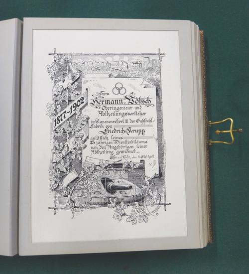 FRIEDRICH KRUPP - Presentation Album to Hermann Stotsch (a senior engineer) after 25 years service (1877-1902); pictorial & decorated title & approx.