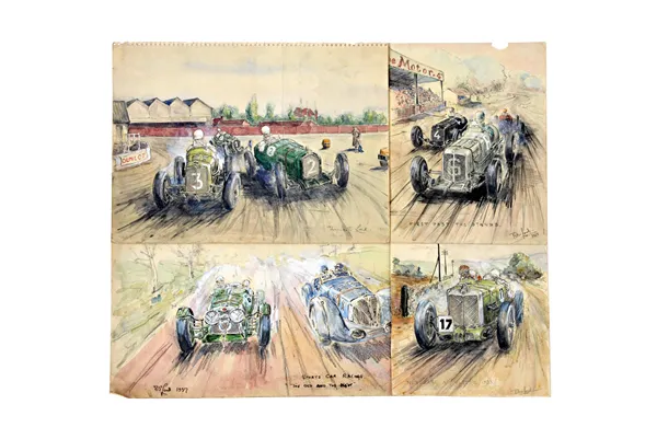 MOTOR RACING - 18 watercolour sketches & pencil drawings of cars being raced, some with captions (incl. Brooklands); 7 larger size 26 x 38cms., & 11 s