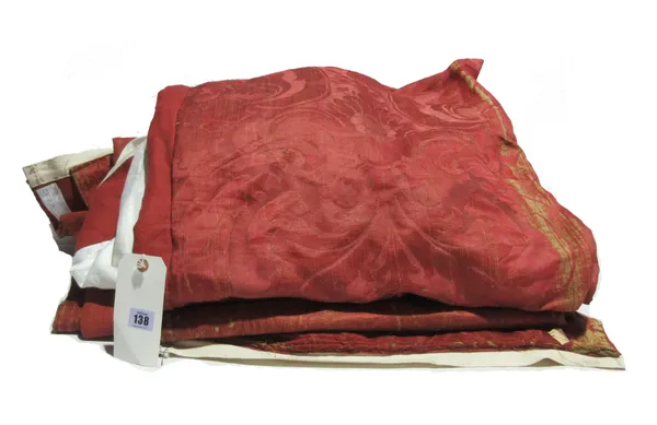 Textiles; two 19th century and later large red damask panels and a bed valance, (3).   S4T