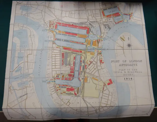 PORT OF LONDON AUTHORITY - Plan of the India & Millwall Docks, 1916.  hand-coloured, 68 x 77cms., folded on linen, scale: 400 feet to inch.  *  much d