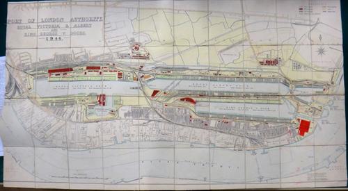 PORT OF LONDON AUTHORITY - Royal Victoria & Albert and King George V Docks, 1946.   57 x 91cms., coloured & folded on linen, scale of 400 feet to inch