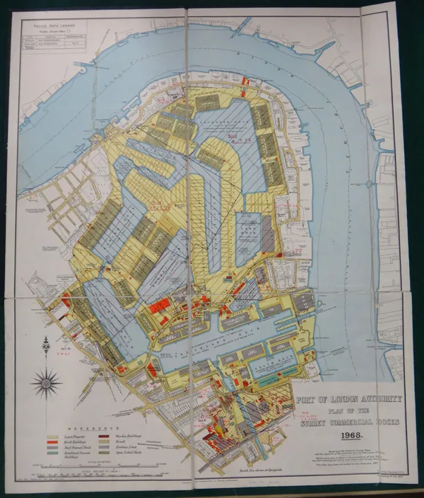 PORT OF LONDON AUTHORITY - Plan of Surrey Commercial Docks, 1968.  54 x 44cms., coloured, folded on linen within gilt-lettered board covers, scale: 40