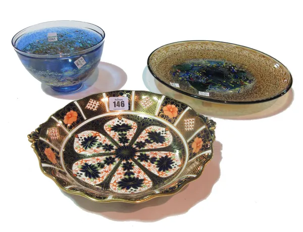 Ceramics and glass, comprising; a Royal Doulton Imari pattern twin handled bowl, a Kosta Boda glass plate, indistinctly signed and a Kosta Boda glass