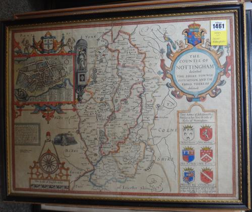 John SPEED - The Countie of Nottingham described  . . .  40 x 53cms. in hogarth frame, hand-coloured, cartouche title with panelled armorials beneath,