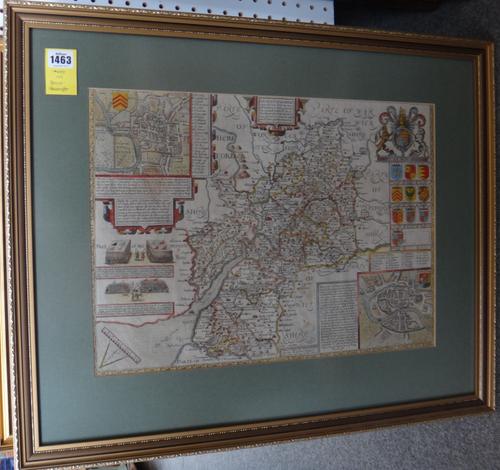 John SPEED - Glocestershire  . . .  37 x 51cms., within mount, hand-coloured, inset plans of the Cities of Gloucester & Bristol, engraved battle scene