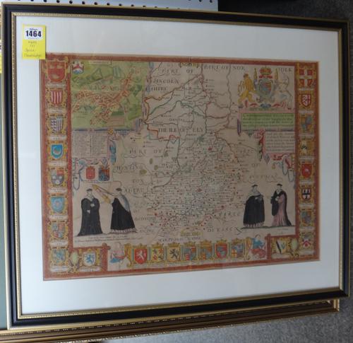 John SPEED - Cambridgeshire  . . .  39 x 52cms. (within mount), hand-coloured, inset plan of Cambridge, armorial surrounds & gowned academic figures,