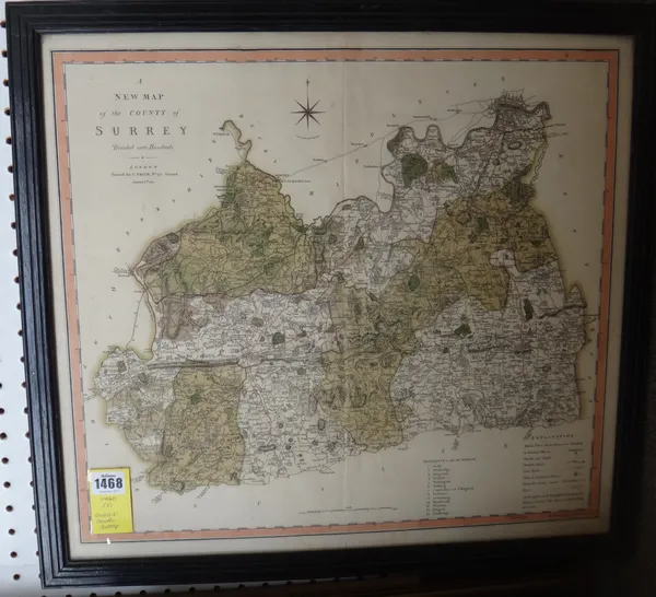 Charles SMITH - a New Map of the County of Surrey  . . .  48 x 54cms., within frame, part hand-coloured, engraved explanation etc., 1802.  *  from Smi