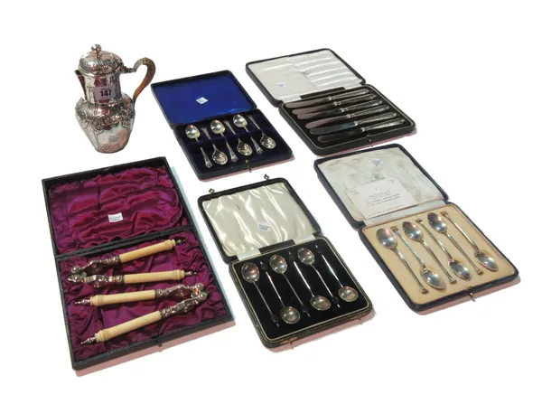 Silver and silver plated wares, including; three sets of six cased silver spoons, six cased silver plated butter knives, a pair of cased silver plated