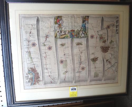 John OGILBY - The Road from London to Aberistwith  . . .  33 x 45cms. (within mount), hand-coloured, pictorial cartouche title & 6 detailed strip maps