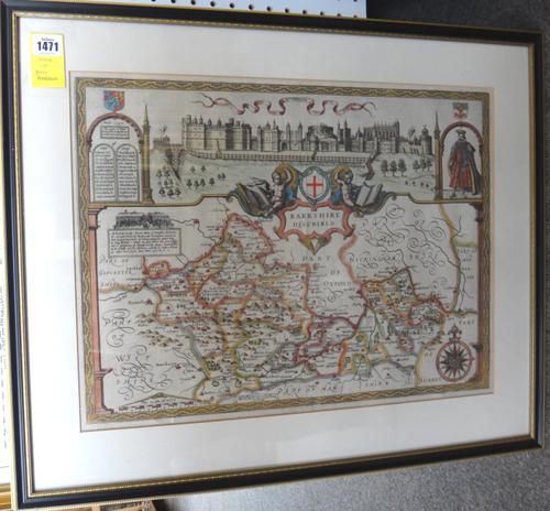 John SPEED - Berkshire Described.  39 x 52cms. (within mount), hand-coloured, cartouche title, pictorial view of Windsor Castle at head, etc.;  by J.