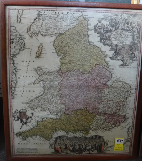 J.B. HOMANN - Magnae Britanniae pars Meridionalis, in qua Regnum Angliae  . . .  58 x 49cms. (within frame), hand-coloured, pictorial cartouche title