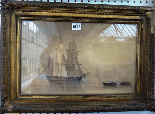 Manner of Vernet, A masted ship in harbour with two boats rowing out, watercolour and pen and ink, bears a signature, 24.5cm x 40cm.