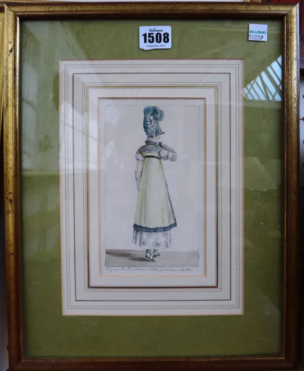 French School (late 18th century), Costumes Parisiennes, a set of four watercolours, all inscribed, each 16cm x 9cm.(4)Provenance: From the collection
