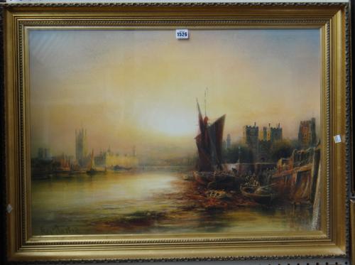 Alexander Ansted (1859-1948), The Thames at Westminster, watercolour with scratching out, signed, 53cm x 75cm. DDS