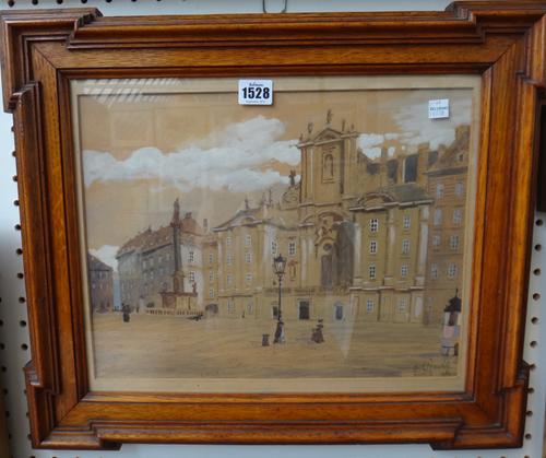 L** Grumenk? (early 20th century), A Continental town square, watercolour heightened with white, indistinctly signed and dated '09, 28cm x 37cm.