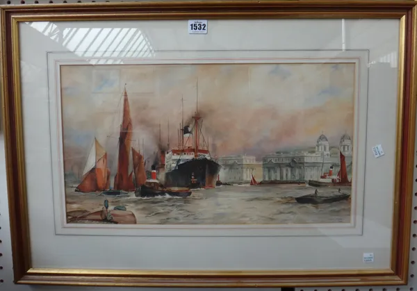 Geoffrey Watson (20th century), The Thames at Greenwich, watercolour, signed and dated 1930, 27cm x 49cm.