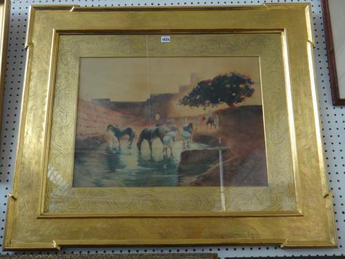 Attributed to Maurice Romberg de Vaucorbeil (1862-1943), Horses watering, watercolour heightened with gum-arabic, bears a signature, 45cm x 63cm.