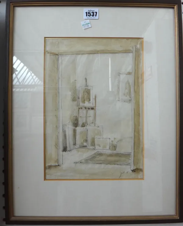 Aaron Avni (1906-1951), Interor with artist's easel, pencil and sepia wash, signed with initials, 29cm x 20cm. DDS
