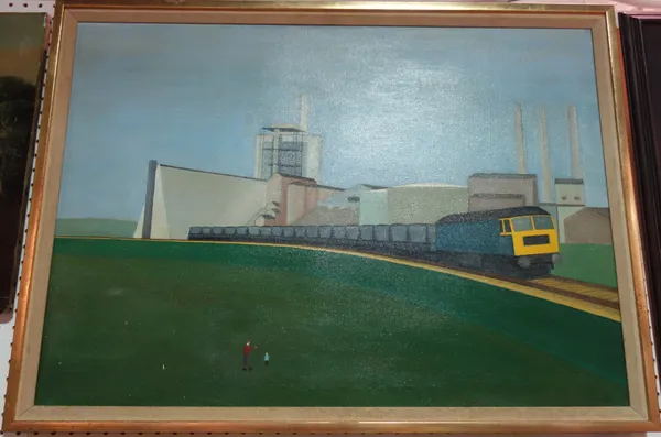 Coplin Phillips (20th century), Freight train, oil on canvas, signed with initials, 62cm x 87.5cm.   D1