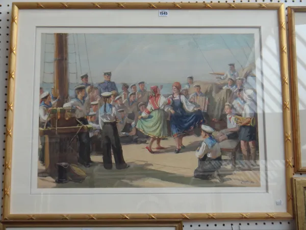 Solomon Boim (1899-1978), merrymaking on deck, watercolour and gouache, signed with initials and dated '50, 49.5cm x 69.5cm. DDS