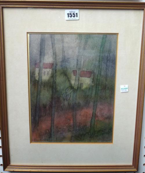 Avraham Azmon (1918-2008), Houses through trees, watercolour, signed in Hebrew lower right, 27cm x 21cm. DDS