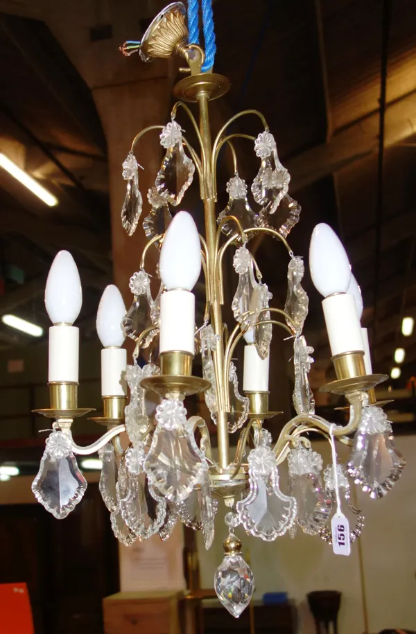 A 20th century six branch brass and glass chandelier.  HANG