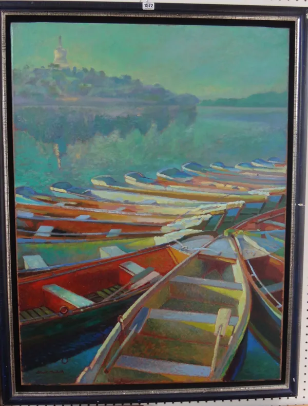Robert Tindall (20th century), Resting boats, oil on canvas, signed, 101cm x 76cm.