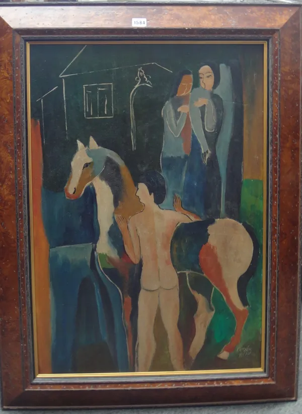 Attributed to Bela Kadar (1877-1955), FIgures and horse, oil on board, bears a signature, 77cm x 53cm. DDS