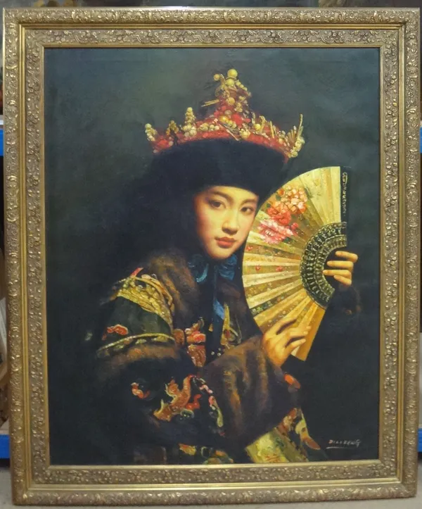 Di Li Feng (20th century), An Oriental beauty, oil on canvas, signed, 99cm x 79cm.