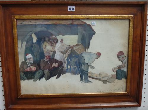 Continental School (early 20th century), Arabic figures in a covered yard, unfinished oil on paper, indistinctly signed, 36.5cm x 53cm.