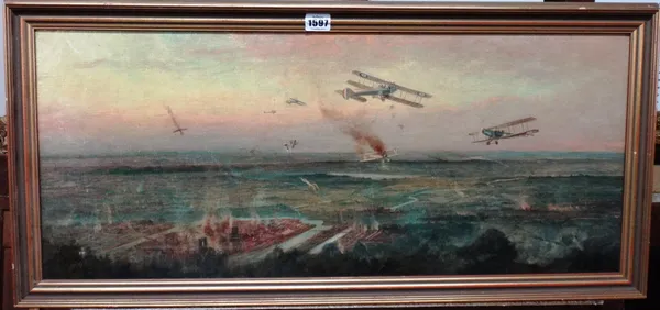 Vernon Allan (19/20th century), Bombardment over Ypres, oil on canvas, signed and indistinctly dated, inscribed and dated '17 on reverse, 31cm x 74cm.